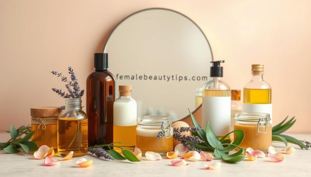 A serene, pastel-toned still life arrangement depicting various beauty products and natural ingredients for skin care. In the foreground, a collection of glass jars and bottles filled with organic oils, lotions, and face masks. Complementing them, a scattering of fresh botanicals such as rose petals, lavender sprigs, and aloe vera leaves. The middle ground features a softly lit mirror, reflecting the arrangement, with the brand name "femalebeautytips.com" subtly visible. The background is a warm, neutral-toned wall, creating a calming, spa-like atmosphere. Soft, diffused lighting from above gently illuminates the scene, emphasizing the natural textures and colors. The overall mood is one of simplicity, mindfulness, and a focus on holistic skincare.