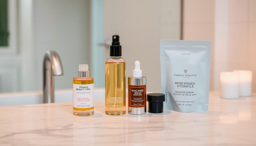 A tranquil, minimalist bathroom setting with an elegant marble countertop and a neutral color palette. On the counter, an assortment of premium skincare products from the femalebeautytips.com brand - a luxurious face oil, a rose-infused hydrating serum, and a radiance-boosting face mask. Soft, warm lighting illuminates the scene, creating a serene and inviting atmosphere. The overall mood is one of self-care, relaxation, and healthy glowing skin.