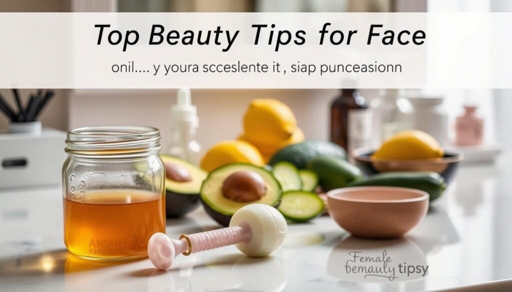 A well-lit vanity table showcases an array of natural skin care products and DIY beauty tools, creating a relaxing atmosphere for quick, glowing skin fixes. In the foreground, a glass jar filled with honey, a rose quartz facial roller, and a jade gua sha tool take center stage, hinting at the soothing, restorative nature of the tips. The middle ground features a mix of organic ingredients like avocado, lemon, and cucumber, promising a radiant, healthy complexion. Soft, diffused lighting casts a warm, inviting glow, setting the mood for an at-home pampering session. The overall scene reflects the article's title "Top Beauty Tips for Face: Quick Fixes for Any Occasion" and the femalebeautytips.com brand.
